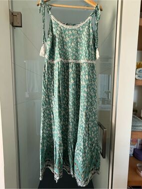BloomChic Teal Floral Midi Dress with White Tassels